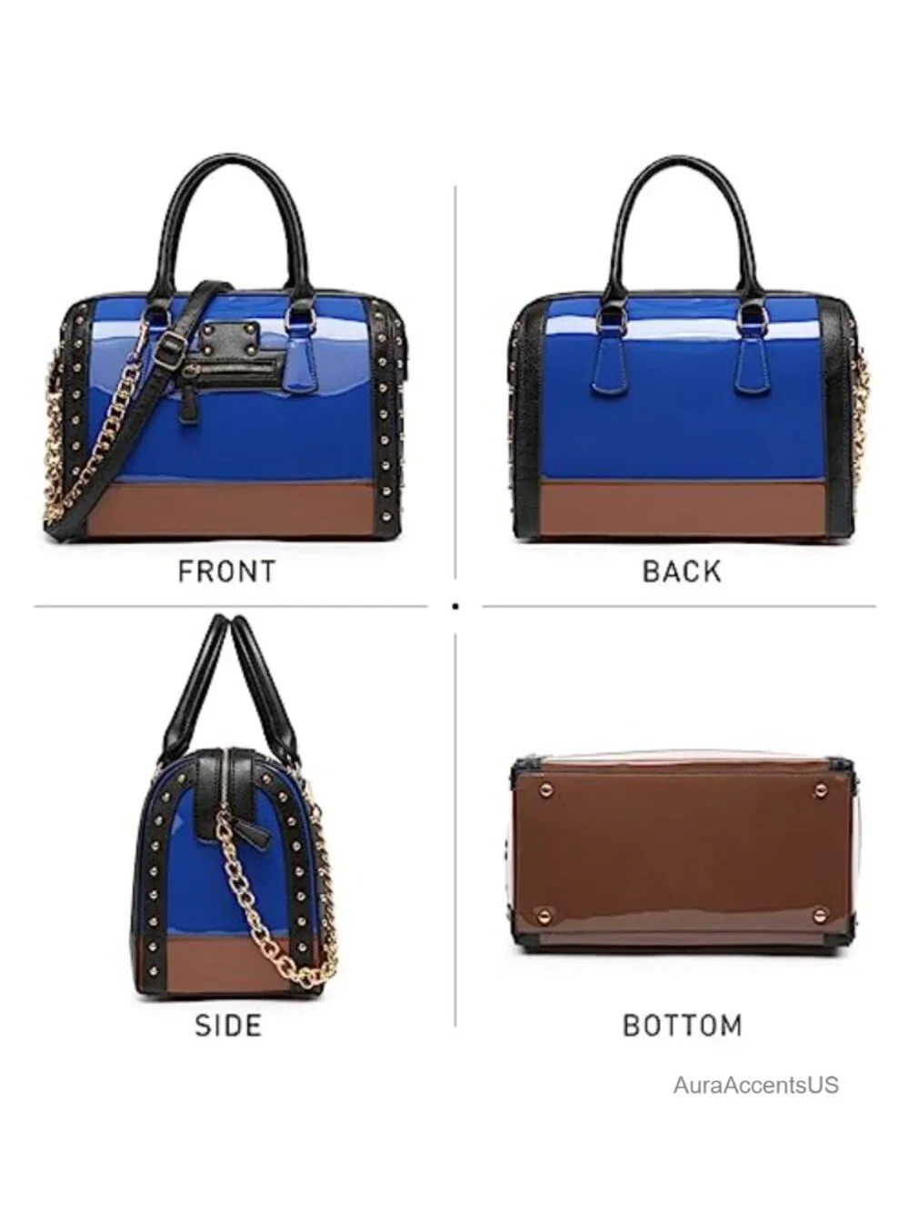 Women's Shiny Patent Faux Leather Barrel Satchel Handbag Rivet Decor Top Handle